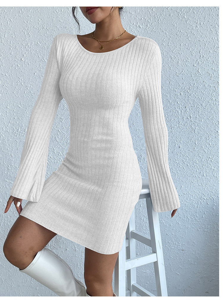 GR | Long-sleeved trumpet sleeve open back knit dress 