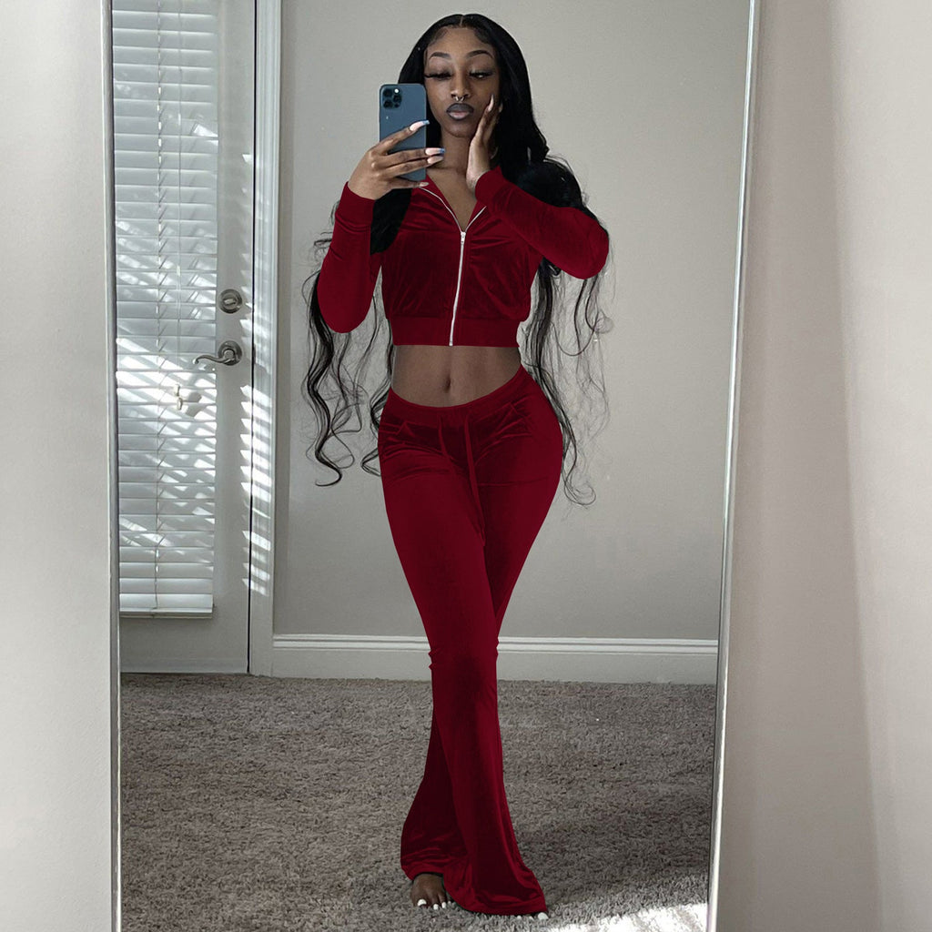 Damen Velours Tracksuit mit Zip-Front und weit geschnittener Hose GR