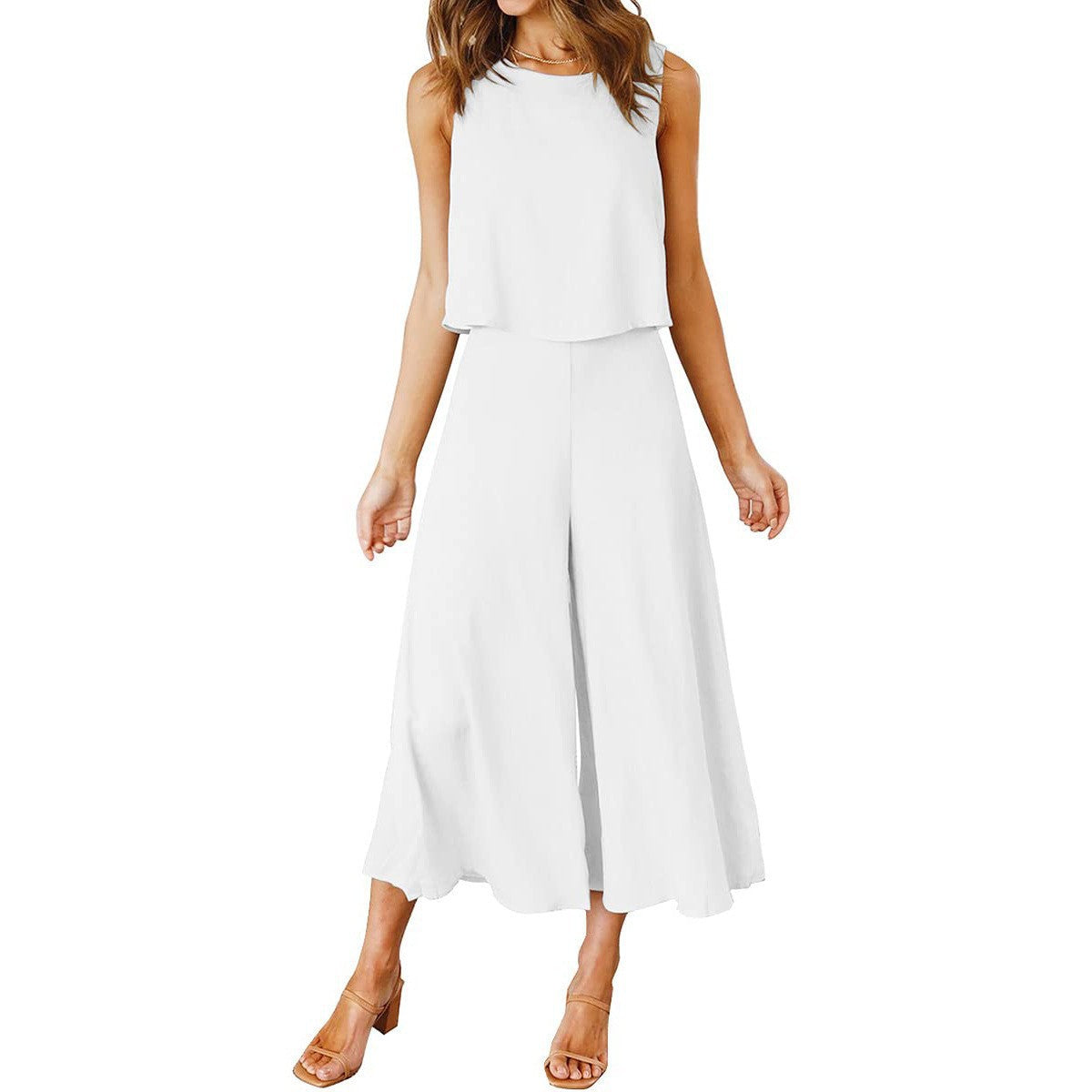 Women's airy jumpsuit with flared leg and sleeveless design, size S