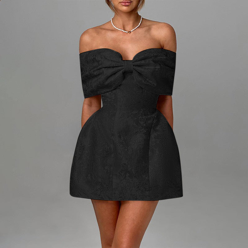 Women's off-the-shoulder cocktail dress with elegant floral pattern and elaborate ruffle trim, size S