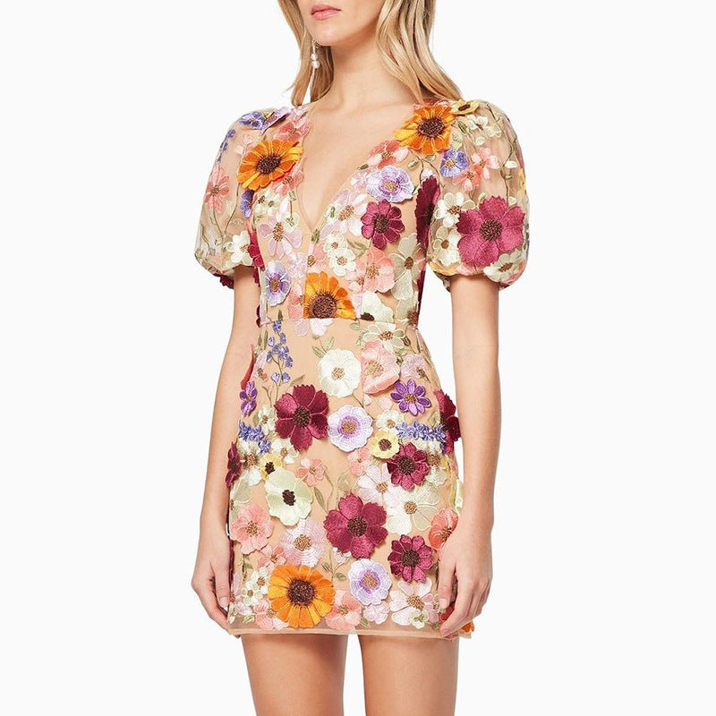 GR | 3D-Blumen-Bodycon-Laternenärmel-besticktes Kleid
