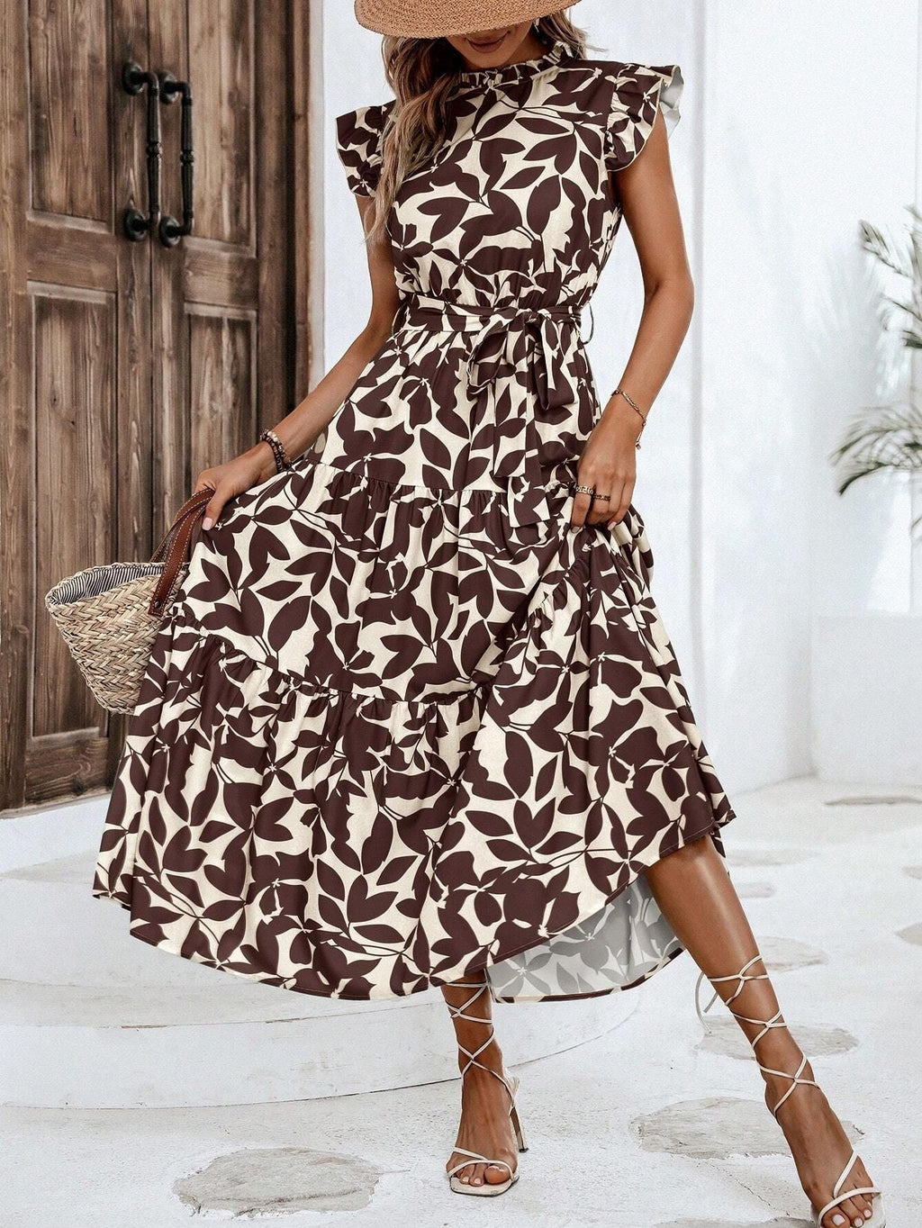 Damen lässiges Midi-Kleid mit Rüschen und floralem Muster GR