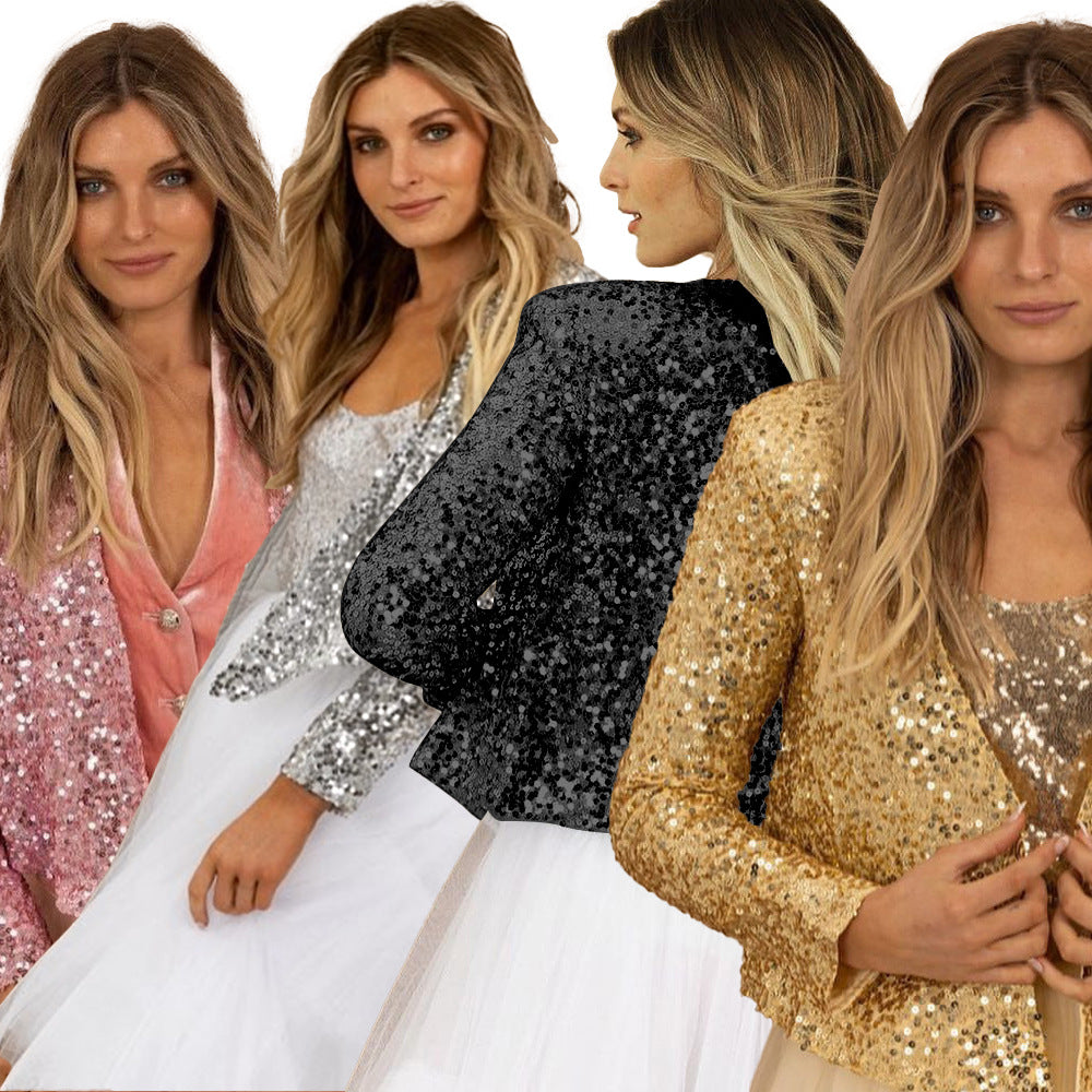 Women's glittery blazer with sequin trim and elegant cut, size [size missing]