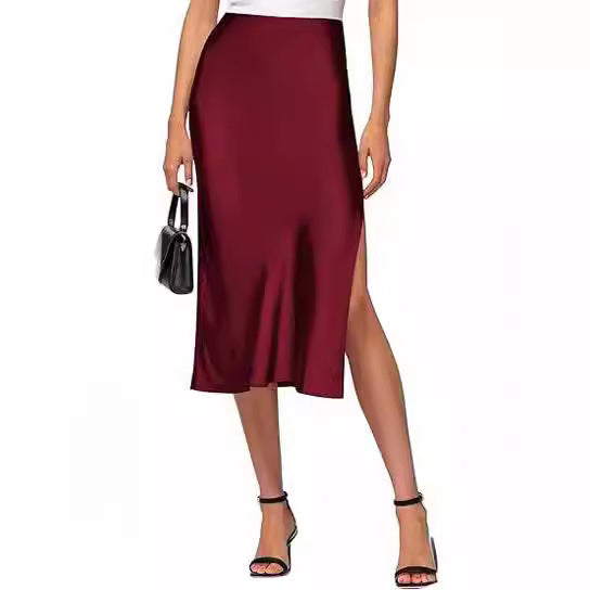 Women's satin midi skirt with high slit, size