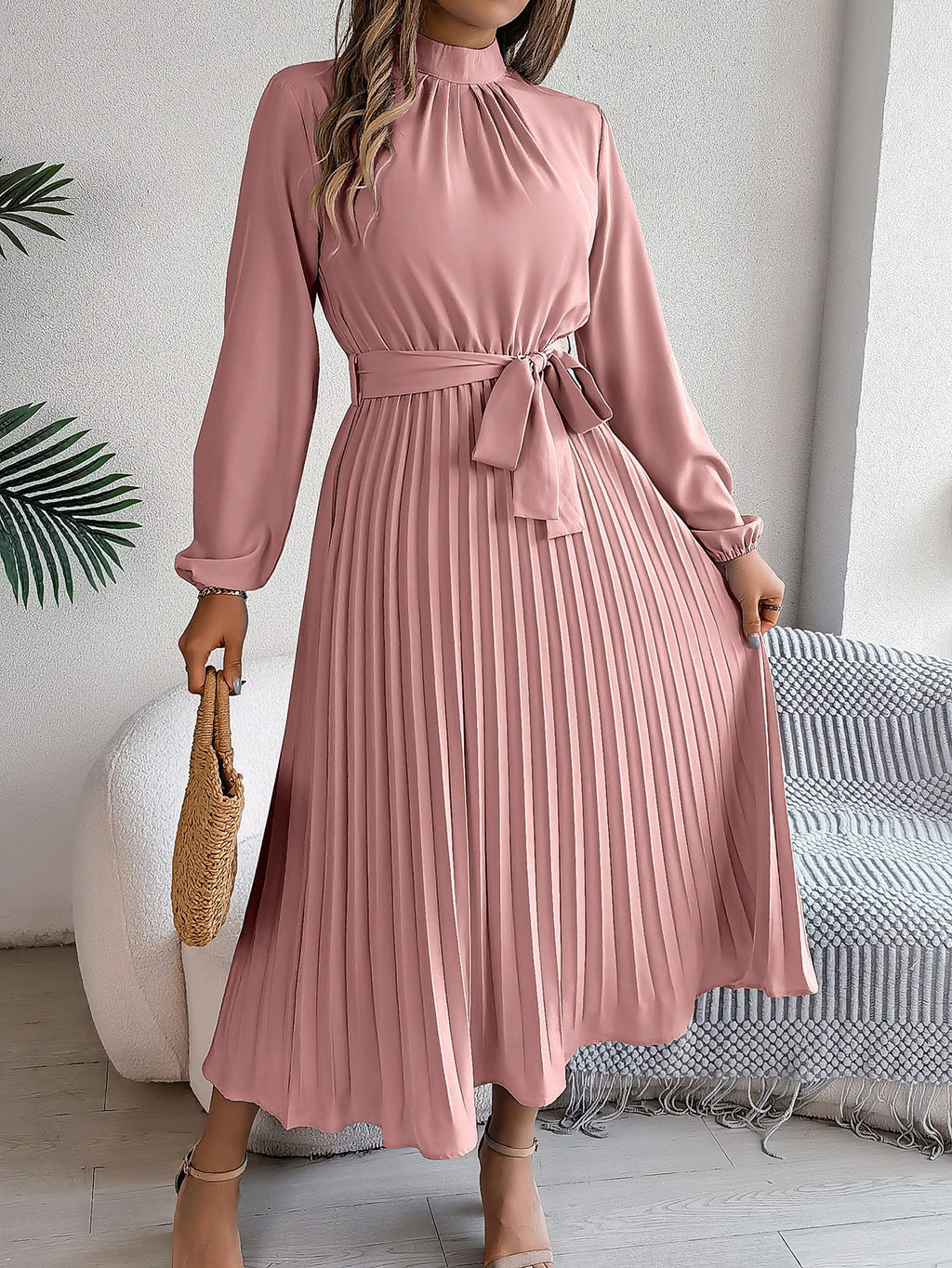 GR | Elegante Stehkragen Taillierter Plissierter Langer Rock kleines Kleid