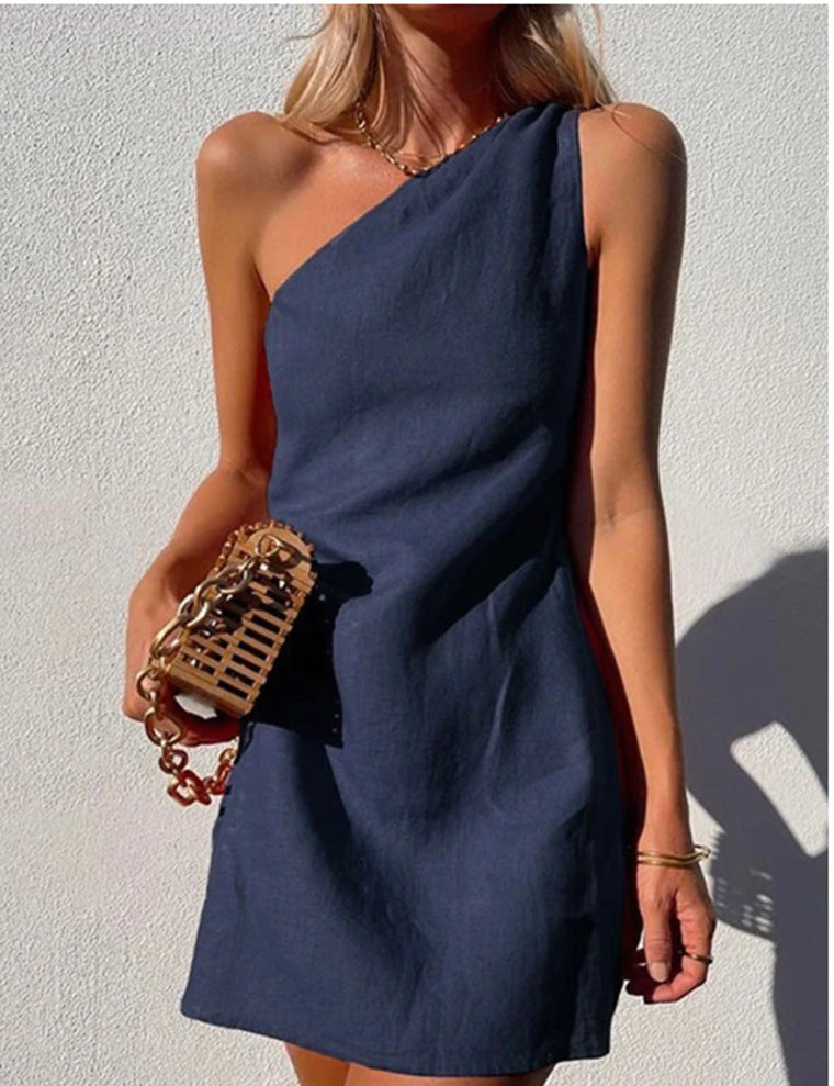 GR | Einfarbiges Slim Fit One-Shoulder Pendelkleid