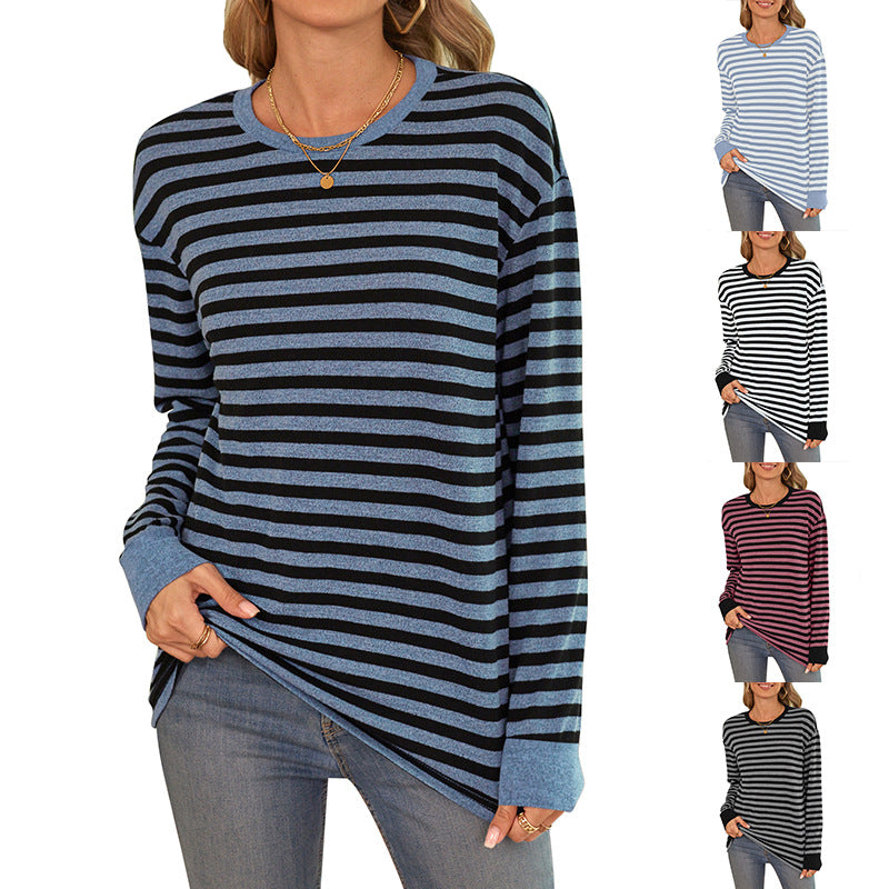 Women's comfortable long-sleeved shirt with striped design and round neckline, size