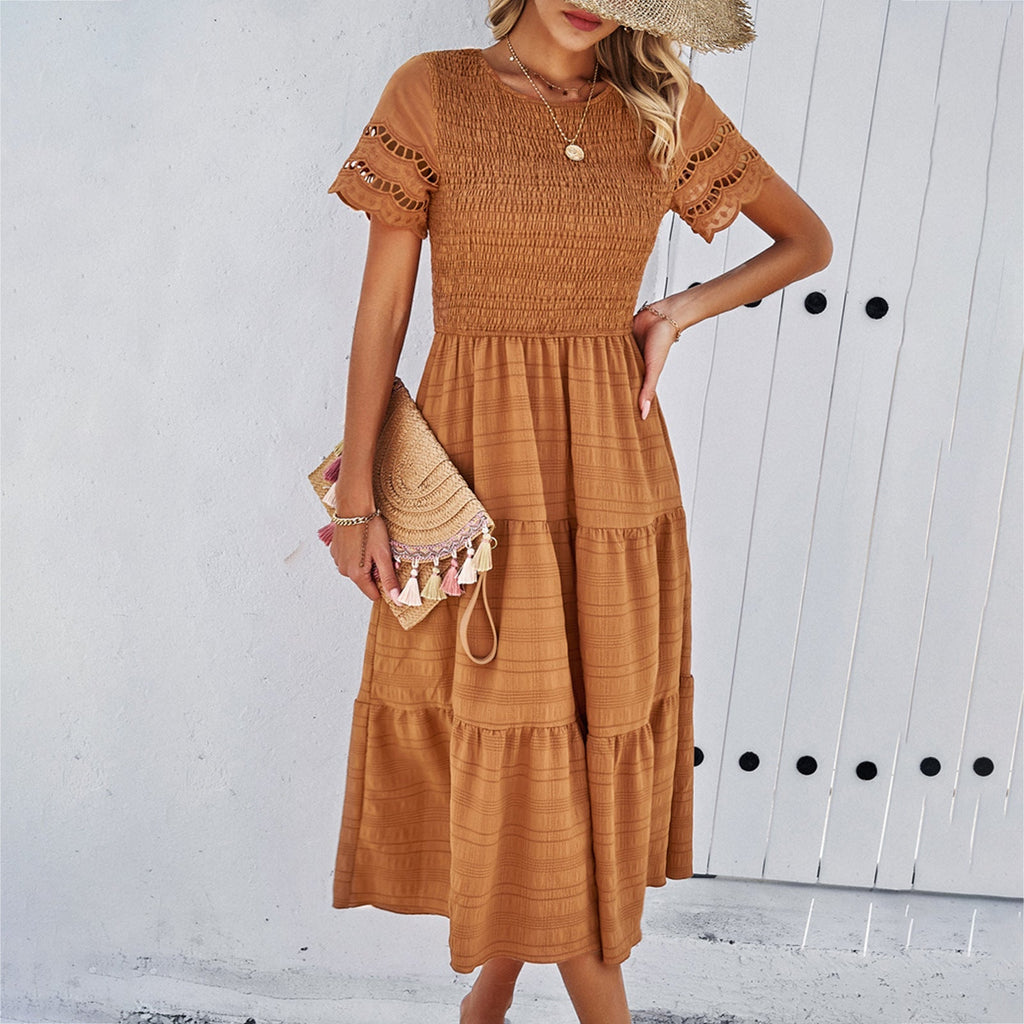 Women's midi dress with puff sleeves and elasticated top, size