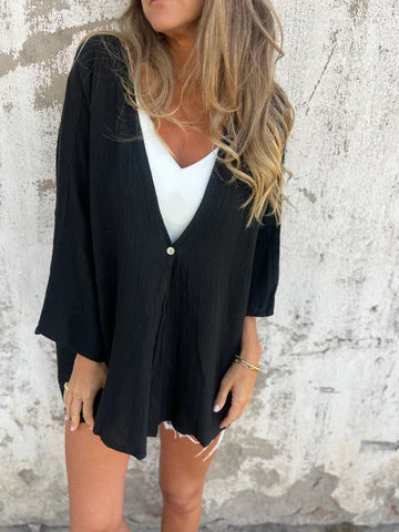 Women's casual kimono with deep V-neck and wide sleeves, size [size missing]