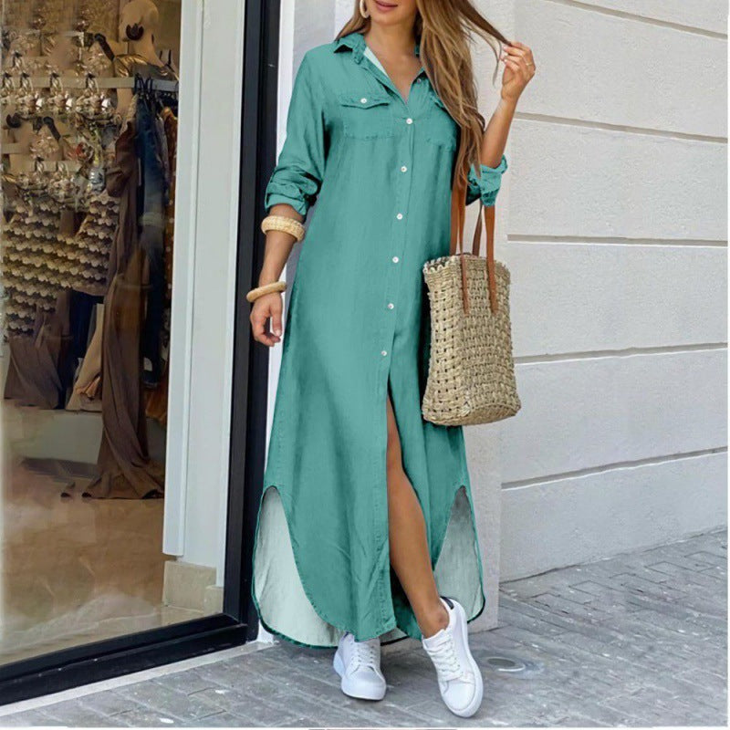 Women's shirt dress with elegant slit and practical pockets, size