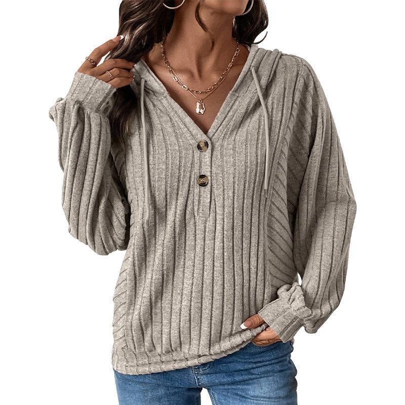 Damen Kapuzensweater mit strukturiertem Rippdesign und eleganten Knopfdetails GR