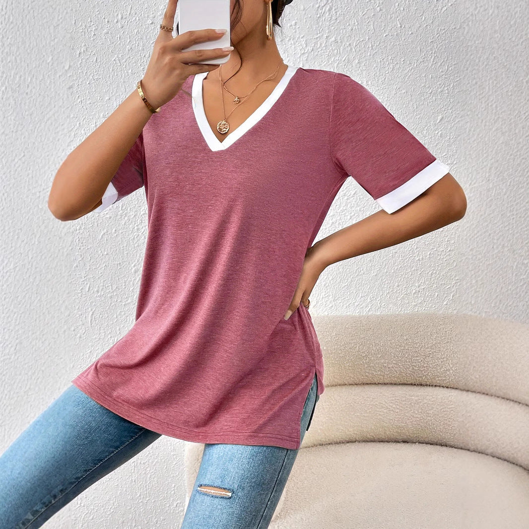 Damen V-Ausschnitt Shirt mit Kontrastärmeln und bequemer Passform GR