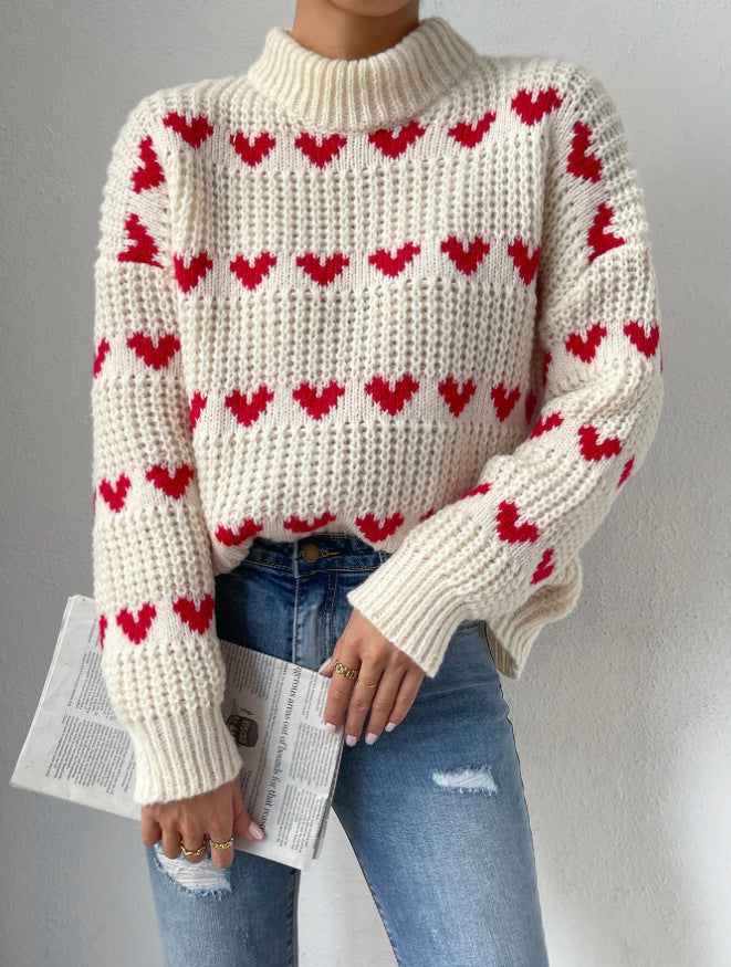 GR Half High Collar Loose Fit Love Heart Jacquard Knit Sweater