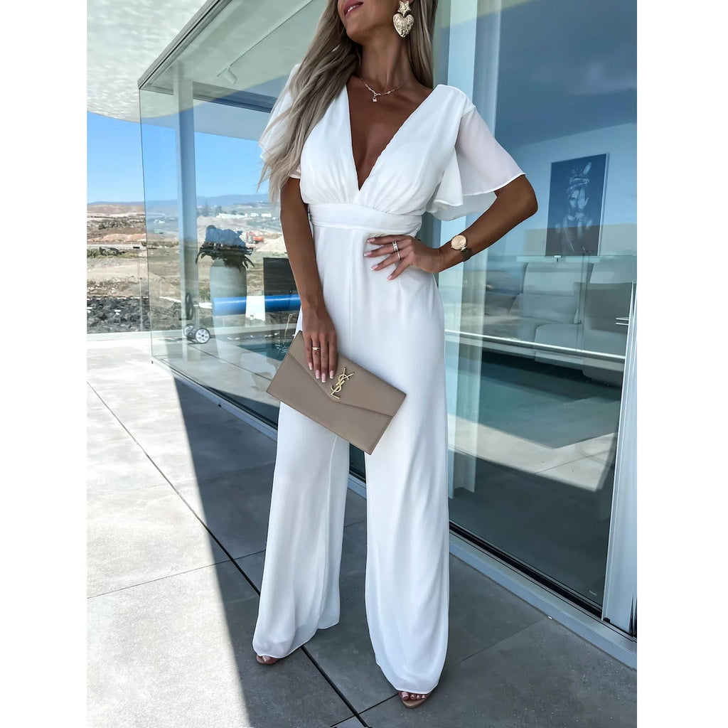 GR | Spring Summer V-Neck Casual Short Sleeve Dress Loose Holiday Wide Leg One-Piece Women's