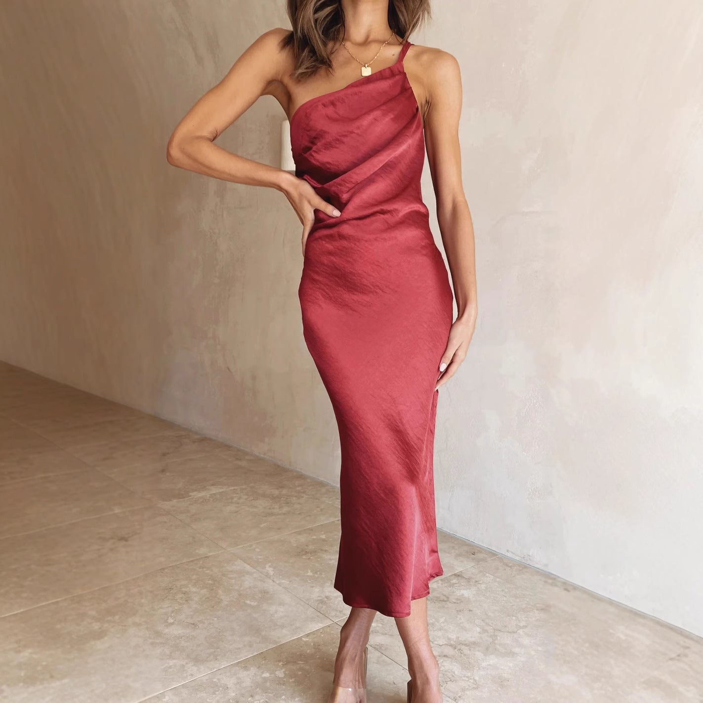 Women's elegant and flowing evening dress with asymmetrical neckline, size S