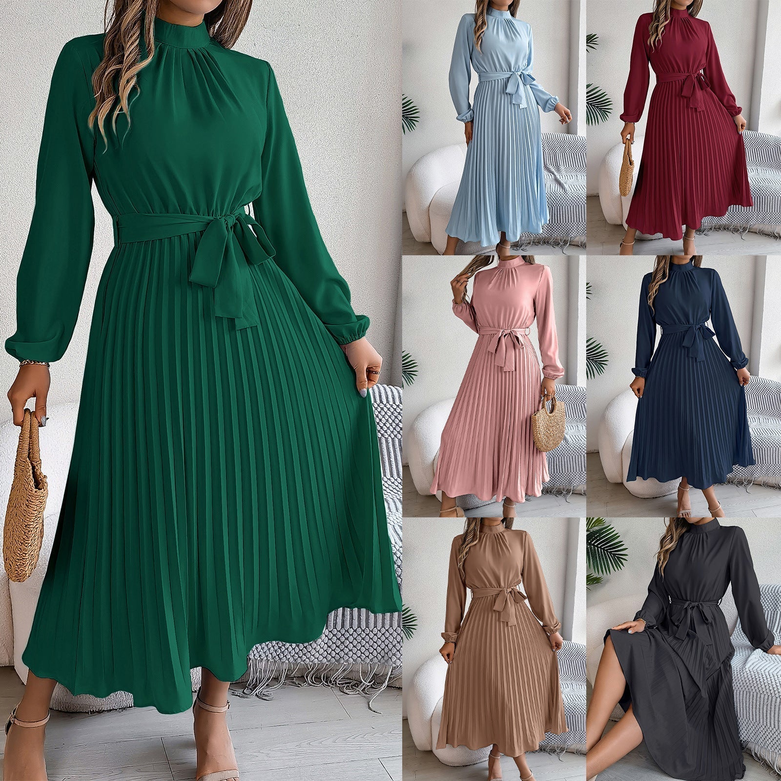 GR | Elegante Stehkragen Taillierter Plissierter Langer Rock kleines Kleid