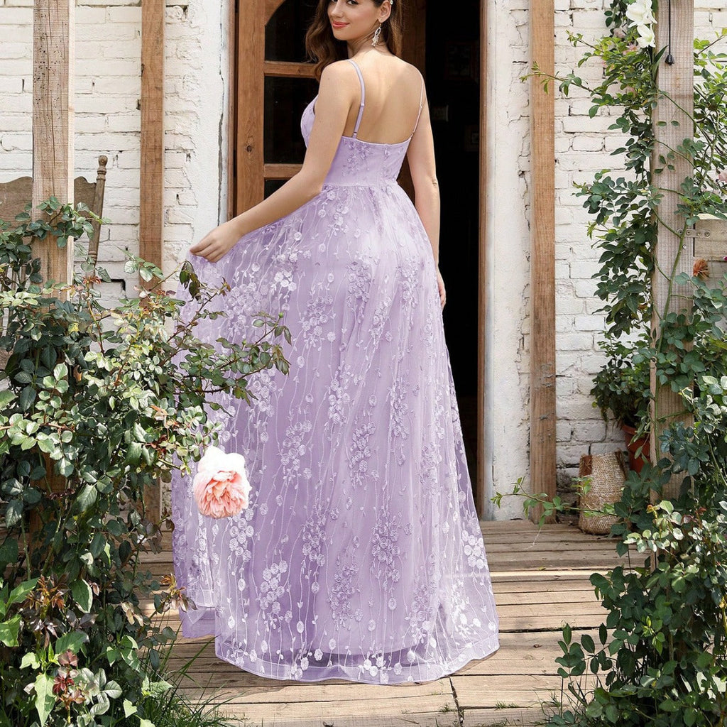 GR | V-Ausschnitt Träger Abendkleid Mesh Bestickter Rücken Freie Elegante Abendkleid Tanzkleid Festkleid Brautjungfernkleid