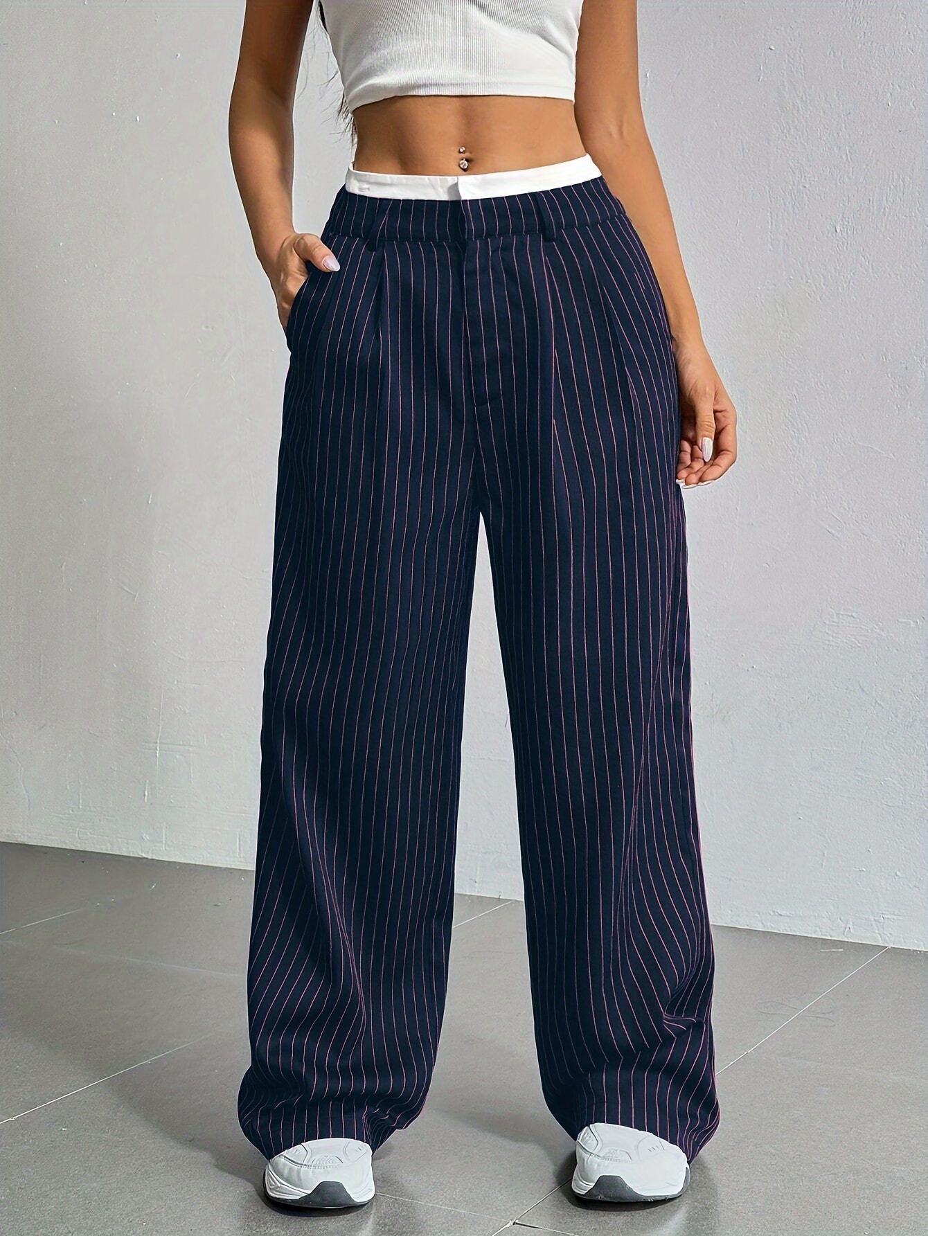 Women's Elegant Wide-Leg Pinstripe High-Waisted Trousers, Size