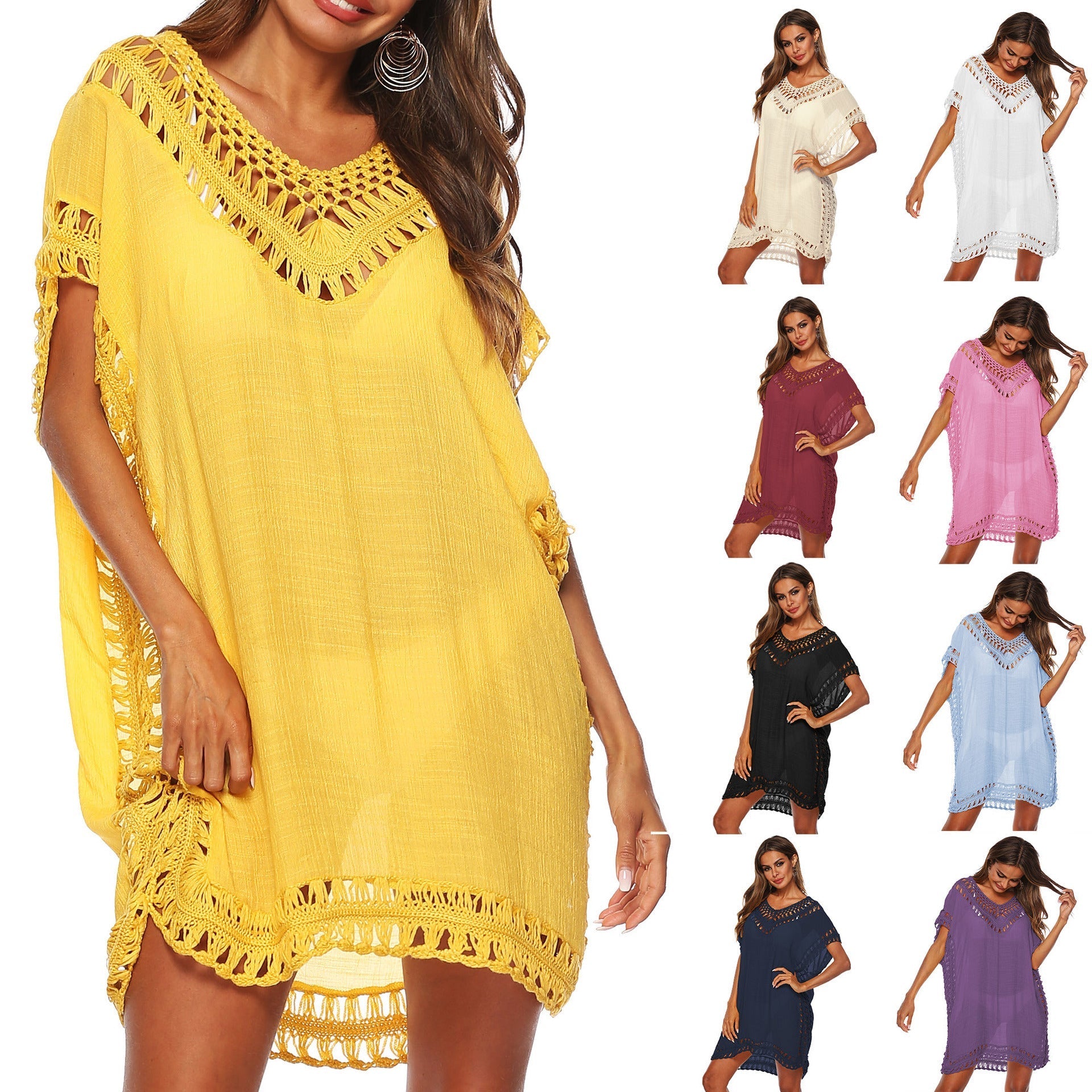 Women's beach tunic with artistic crochet embellishments, size GR
