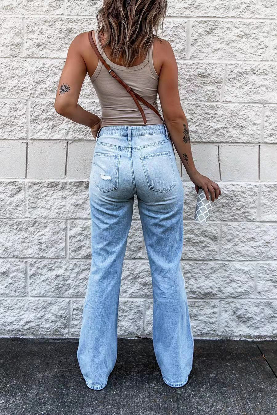 GR | Women's High Waist Ripped Wide Leg Jeans