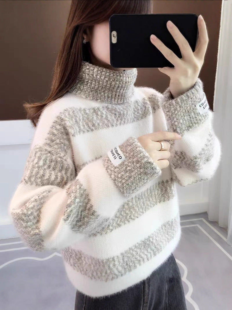 GR | Gestreifter Rollkragen Strickpullover Für Frauen