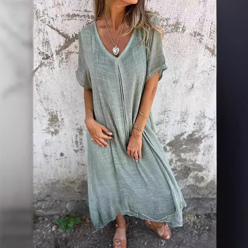 Damen lässiges Midikleid mit V-Ausschnitt und weit ausgestellten Ärmeln GR