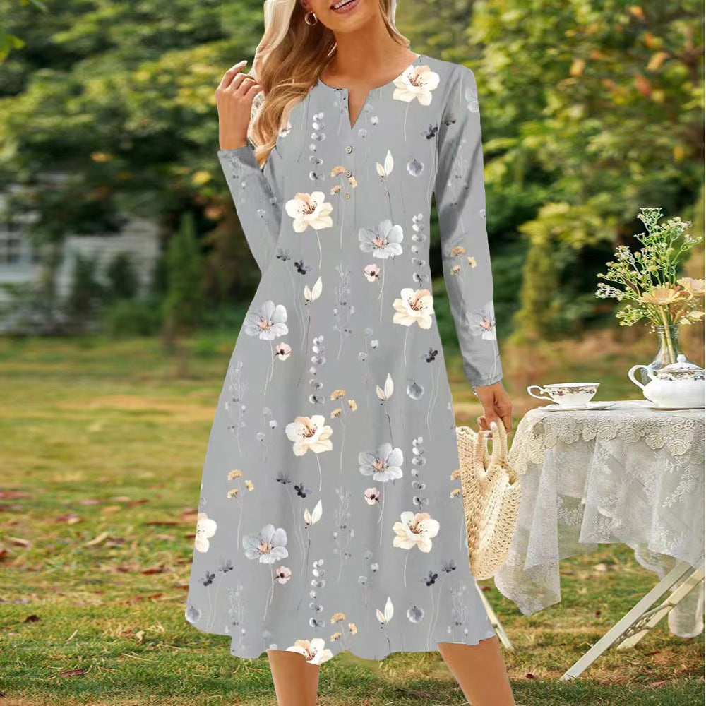 GR | Bedrucktes V-Ausschnitt Knopf Langarmkleid