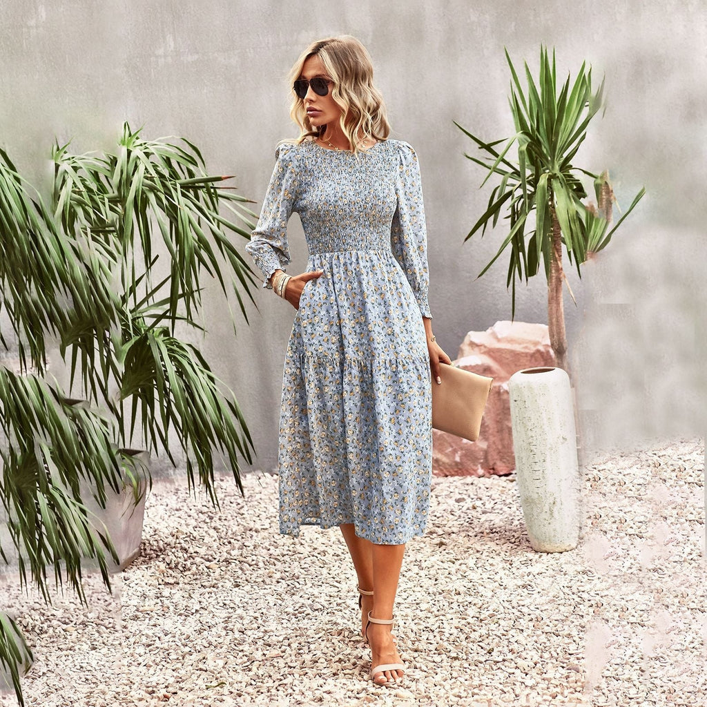 Damen florales Midi-Kleid mit geraffter Taille und langen Ärmeln GR