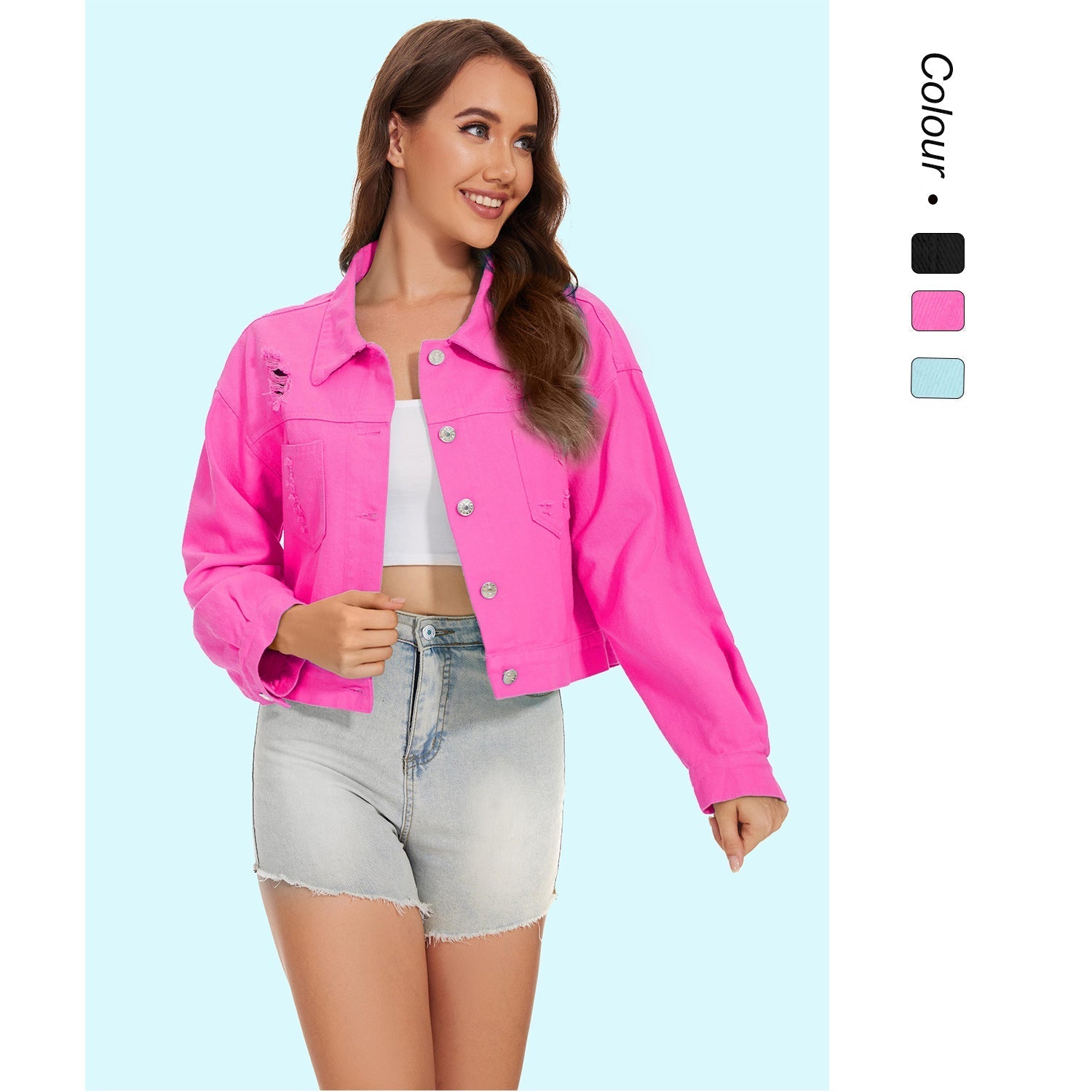 Women's denim jacket in a casual crop style with fringed details, size GR