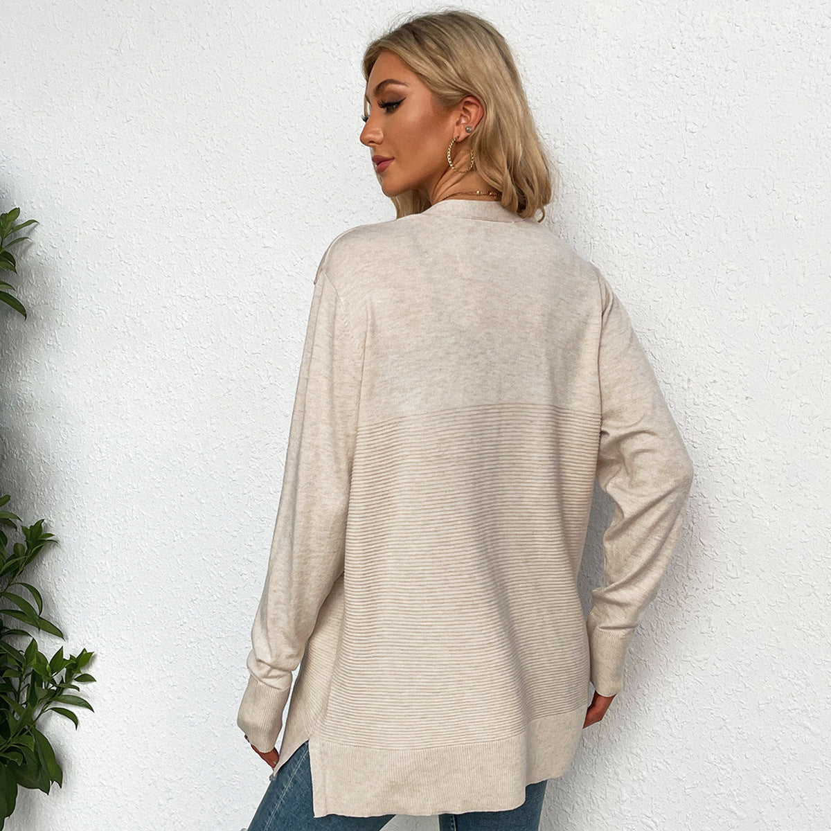 Damen lässiger Strickcardigan mit tiefem V-Ausschnitt und praktischen Taschen GR