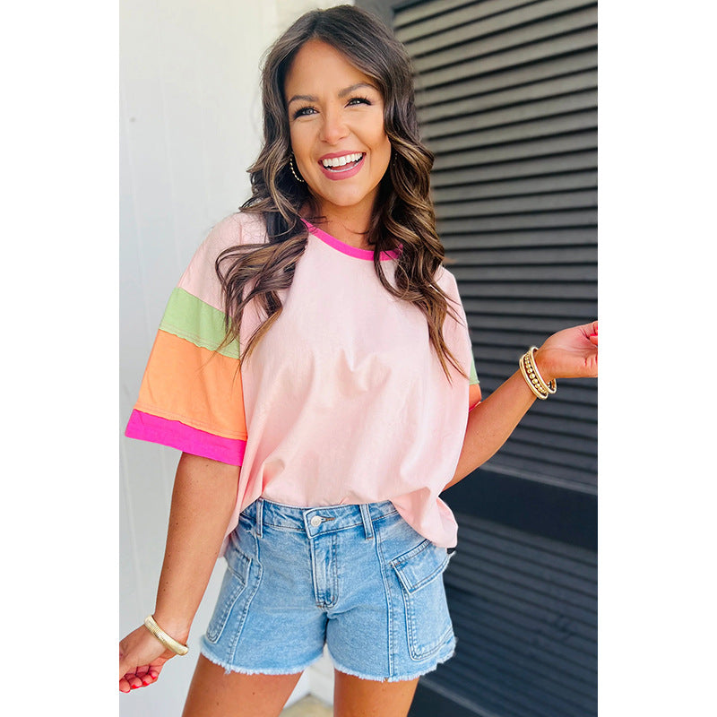 Women's casual T-shirt with colorful sleeves, size
