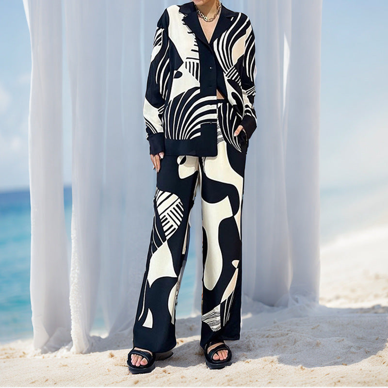 Women's elegant lounge set with an artsy motif and a wide cut, size S