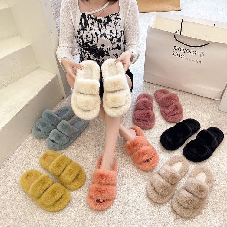Women's Fluffy Slippers with Double Straps and Soft Lining, Size