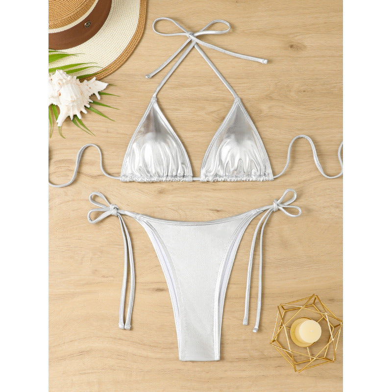 Women's triangle bikini with sparkling metallic finish and adjustable straps, size [size]