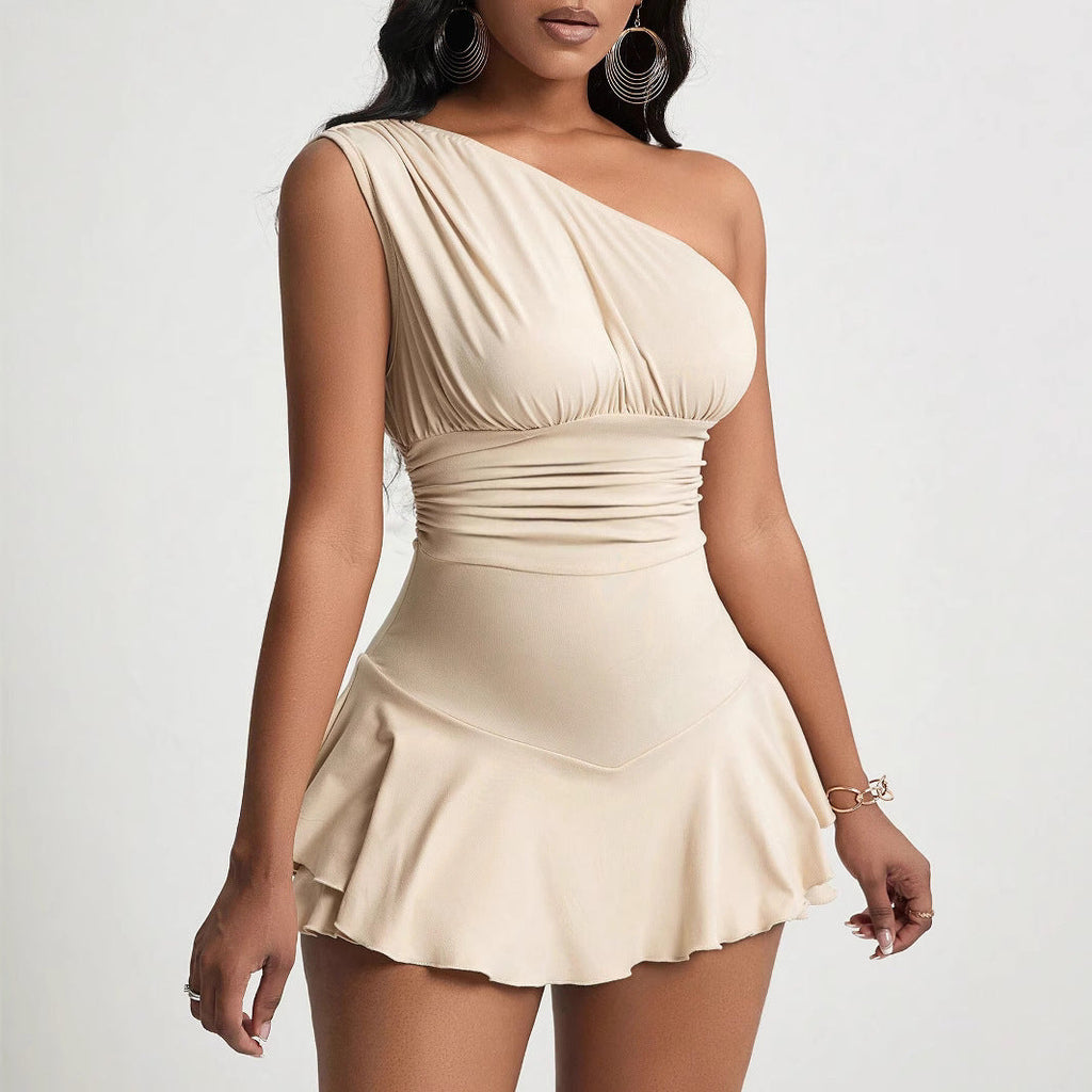 Women's asymmetrical mini dress with ruffle details and figure-flattering design, size
