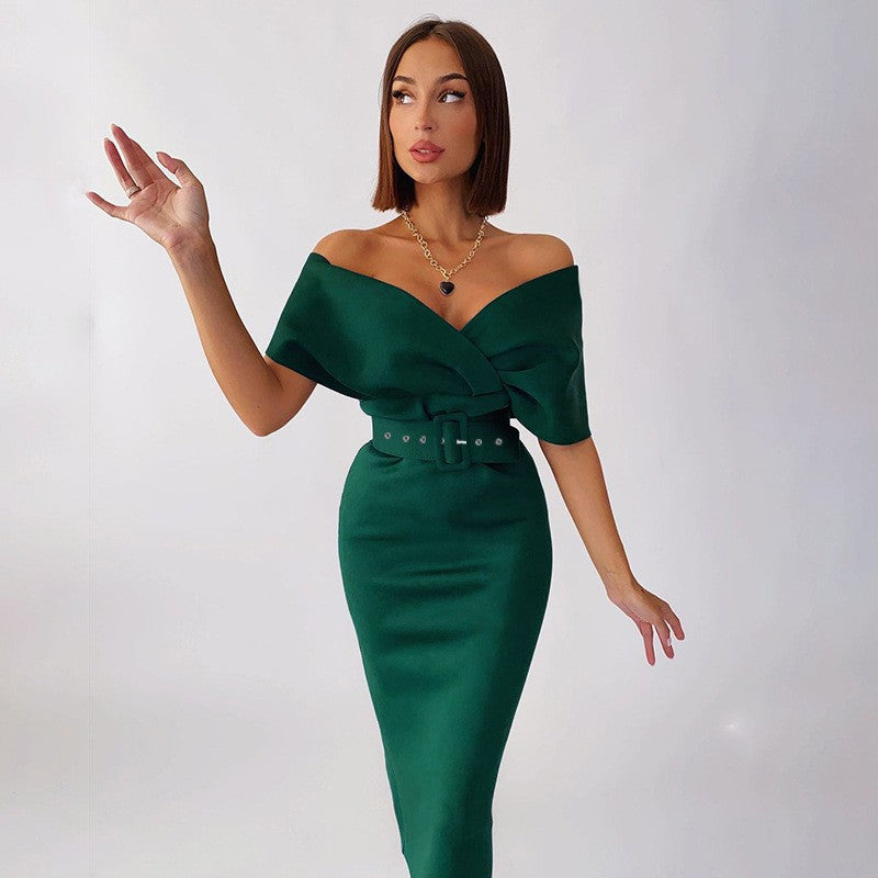 GR | Off-Shoulder Fitted Dress with Belt