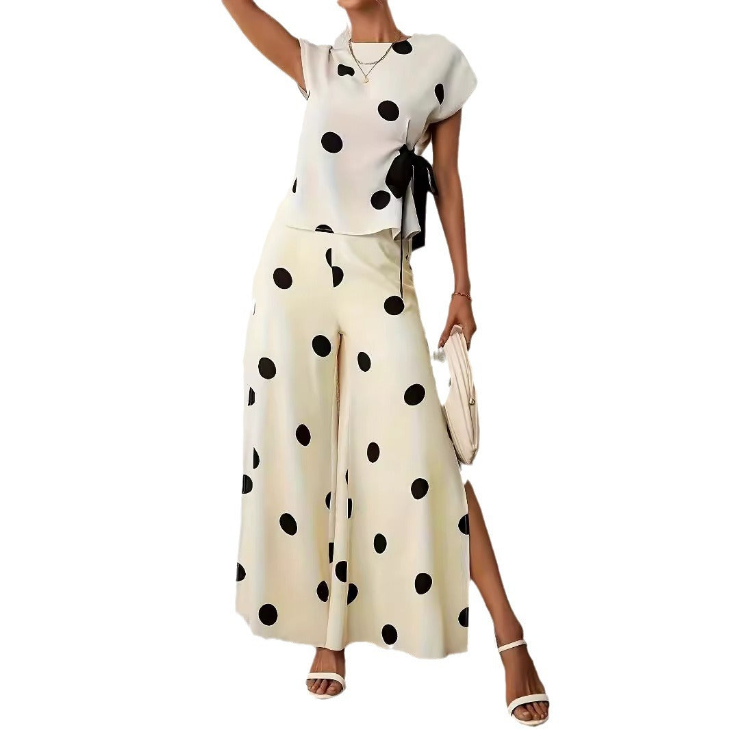 Women's wide-legged, airy polka-dot palazzo pants with elegant side slits, size [size missing]