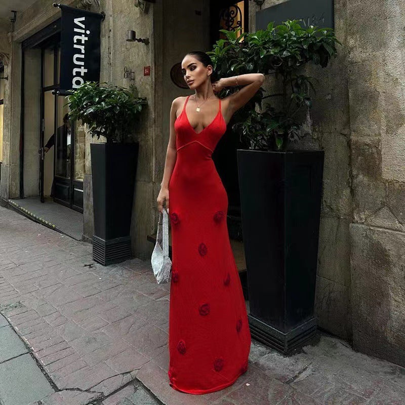 Women's evening dress with decorative floral appliqués, size S
