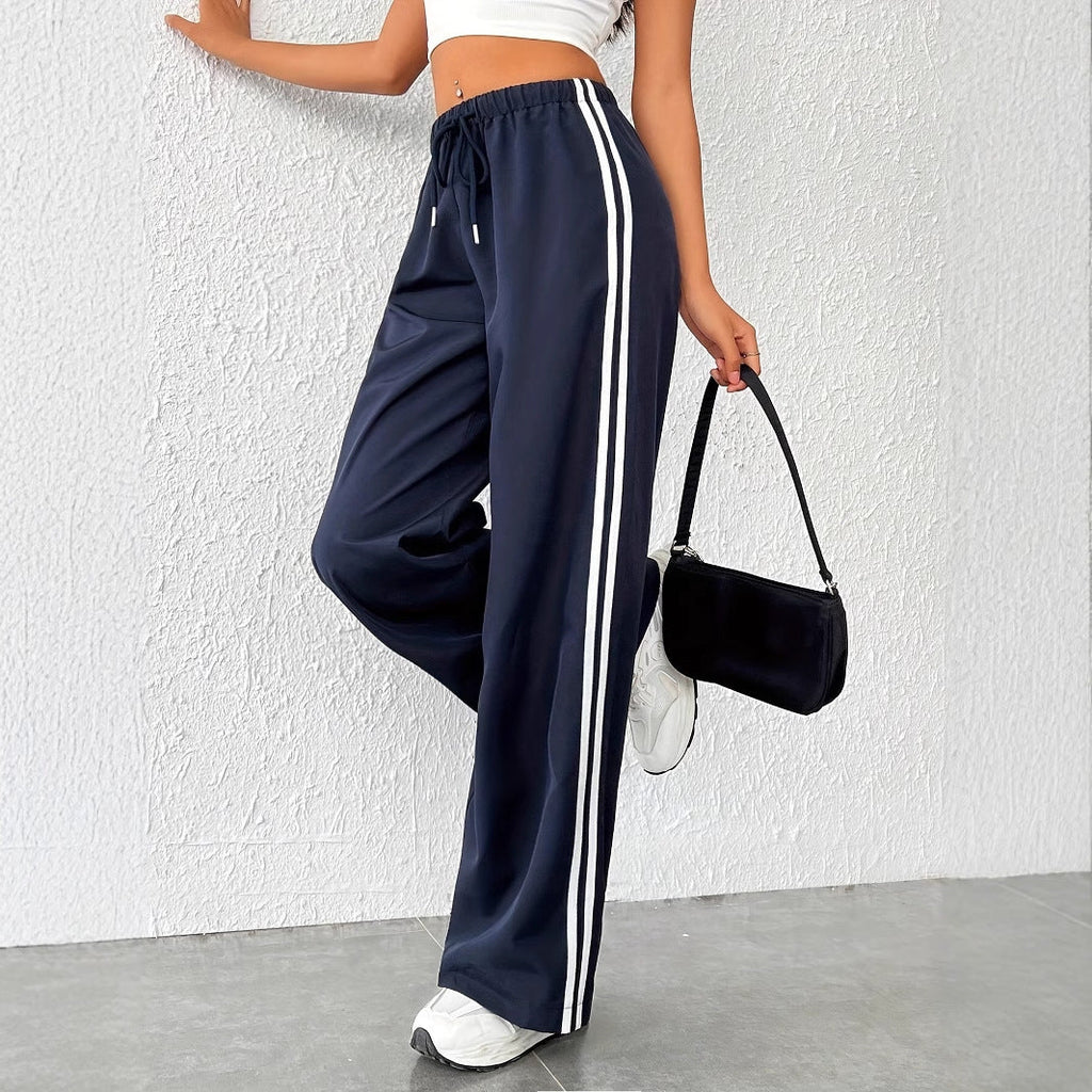 Women's high-waisted casual trousers with sporty stripes, size