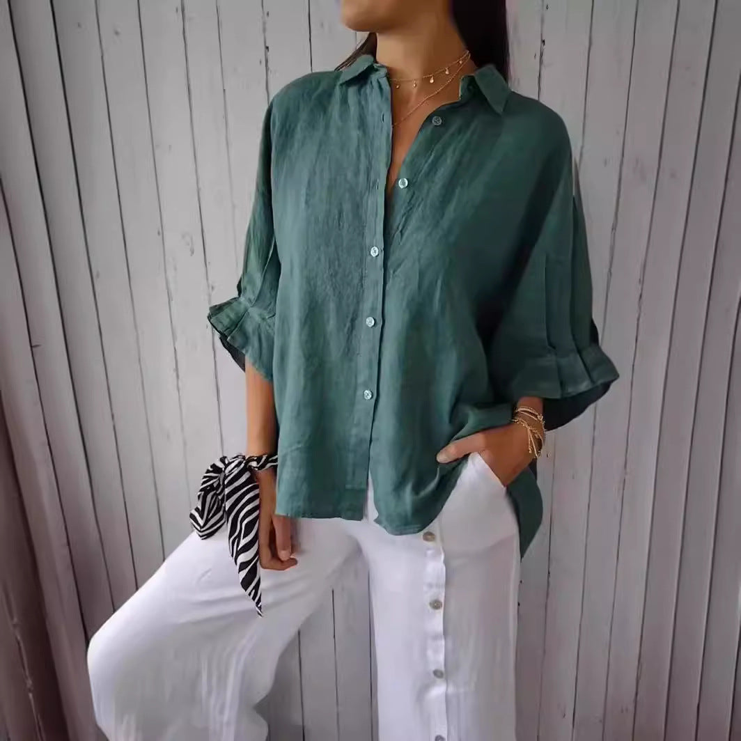Damen lässige Bluse aus Leinen mit Knopfleiste und seitlichen Taschen GR