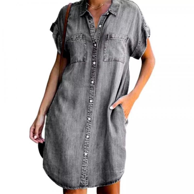 Women's denim shirt dress with two patch pockets and button placket, size