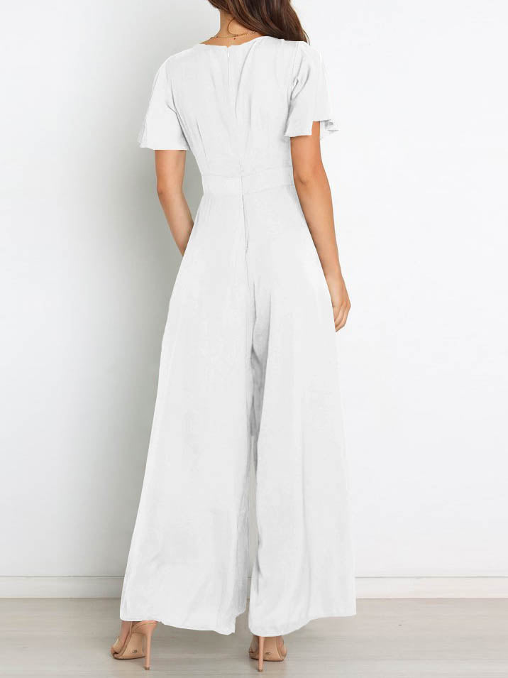 GR | Short-sleeved wide-leg casual V-neck jumpsuit