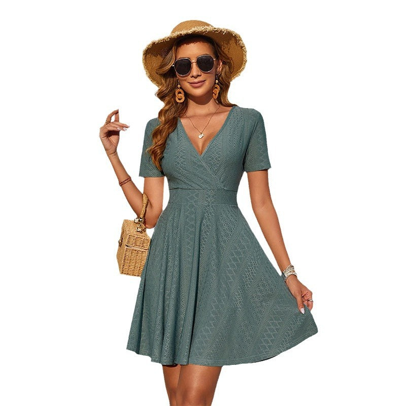 Women's summer wrap dress with subtle pattern and V-neck, size