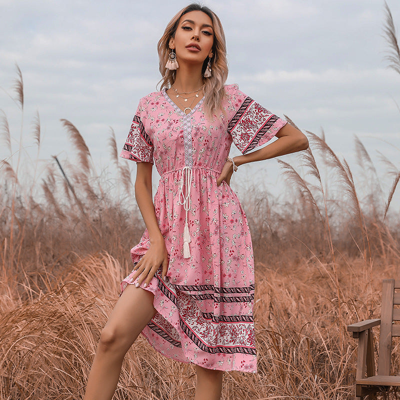 Damen Boho-Style Kleider mit Stickdetails und Taillenzugbund GR