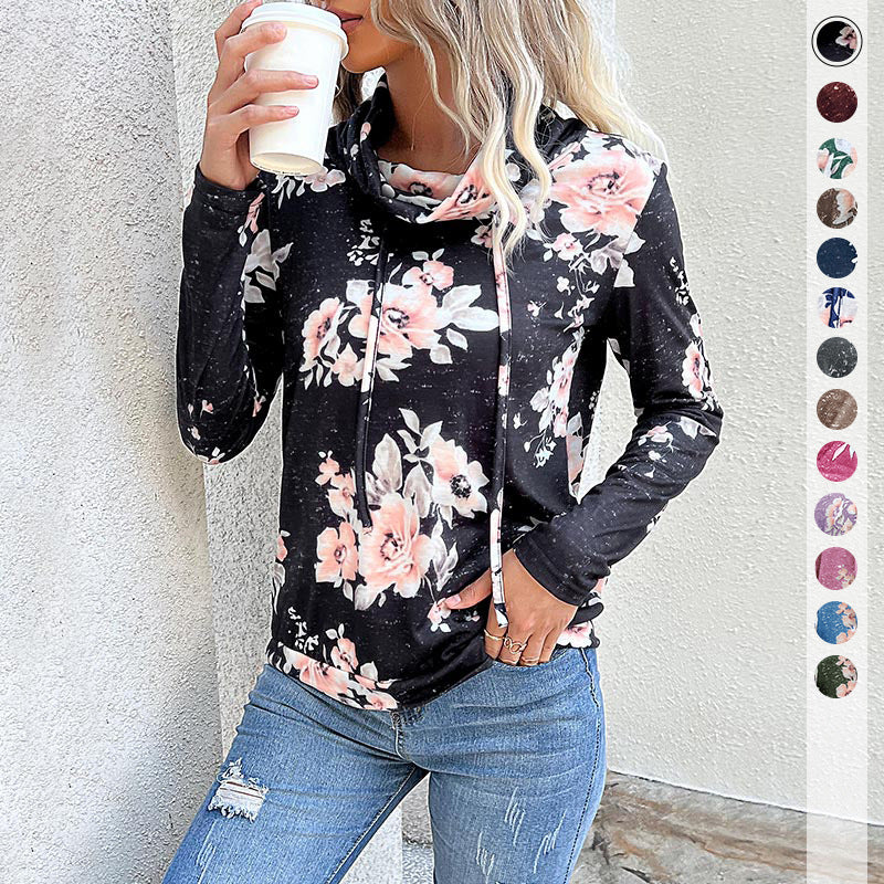 Damen Kapuzenpullover mit floralem Muster und modernem Rollkragen GR