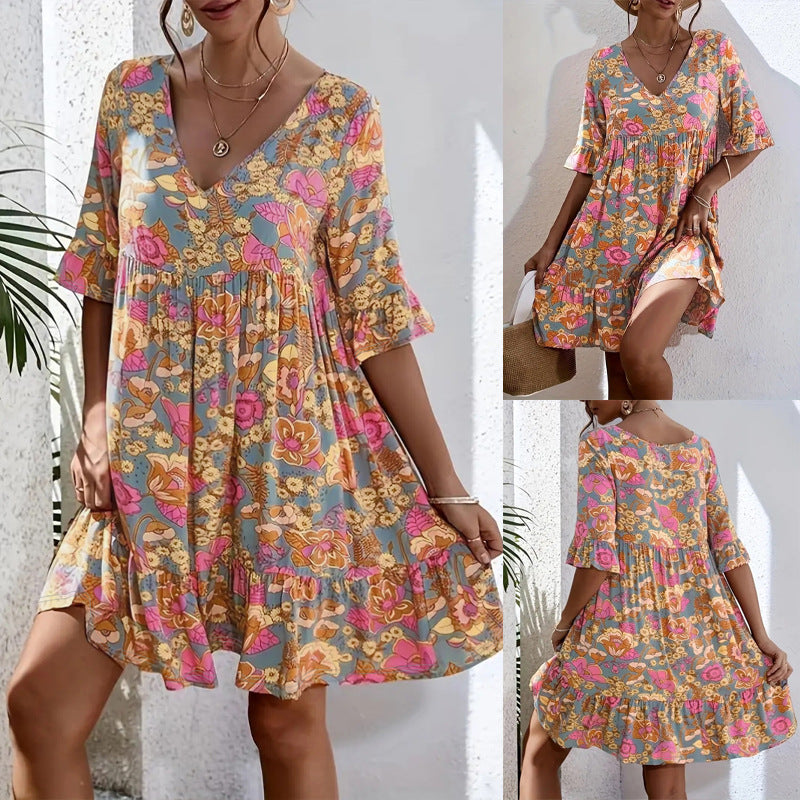 Women's casual dress with floral pattern and voluminous cut, size