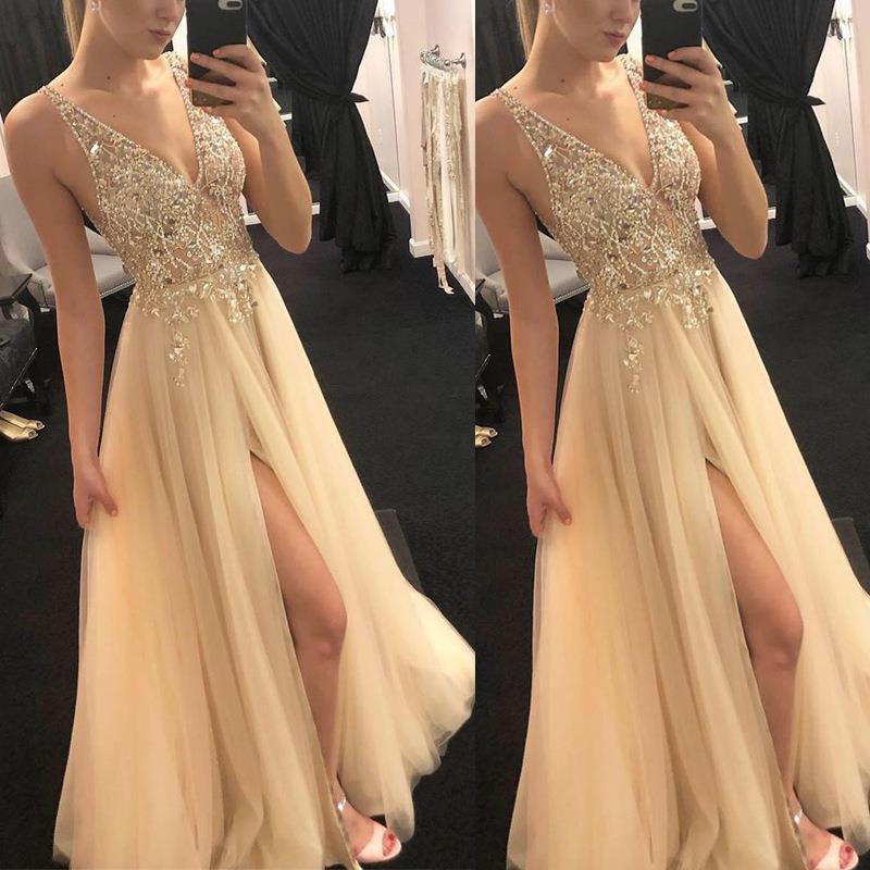 GR | V-neck Split Party Evening Dress