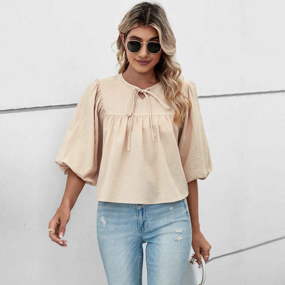 Damen Blusenshirt mit eleganten Puffärmeln und schickem Kordelzug GR