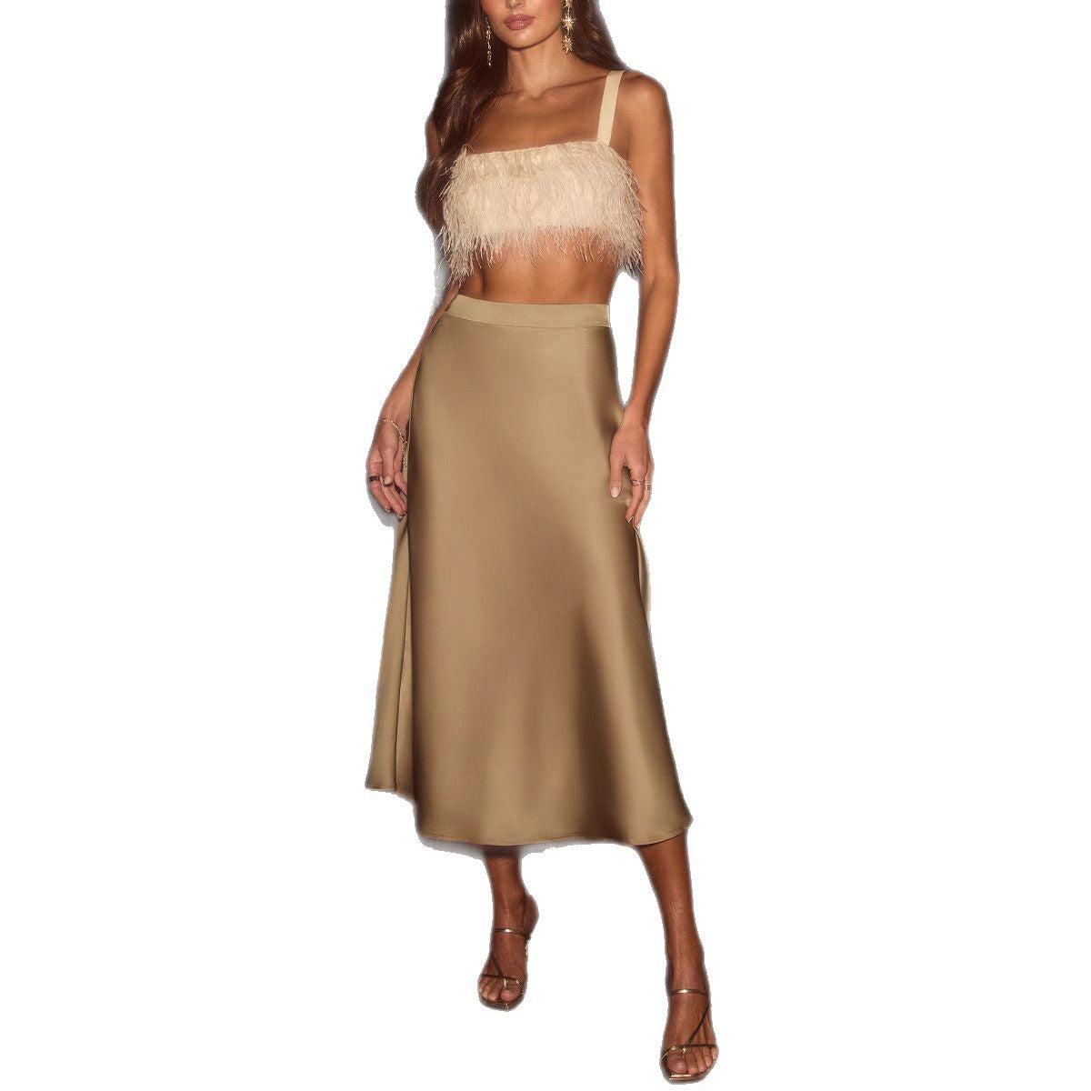 Damen schwingender Satin-Midirock mit elastischem Taillenbund GR