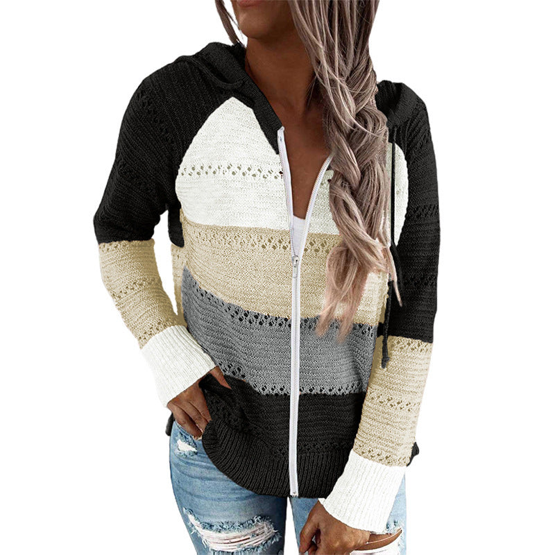 Women's casual cardigan with hood and decorative openwork pattern, size
